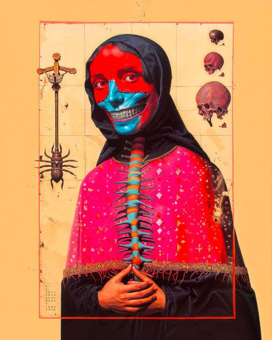Surreal art poster featuring a masked figure with skull details and vivid colours.