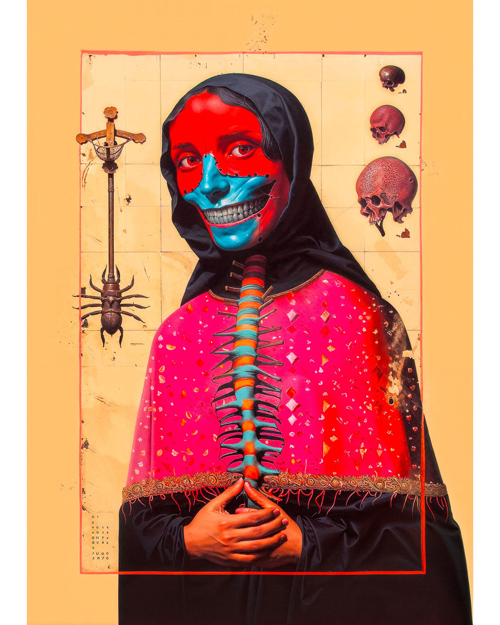 Surreal art poster featuring a masked figure with skull details and vivid colours.