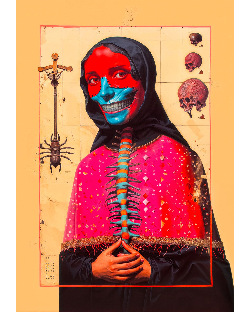 Surreal art poster featuring a masked figure with skull details and vivid colours.