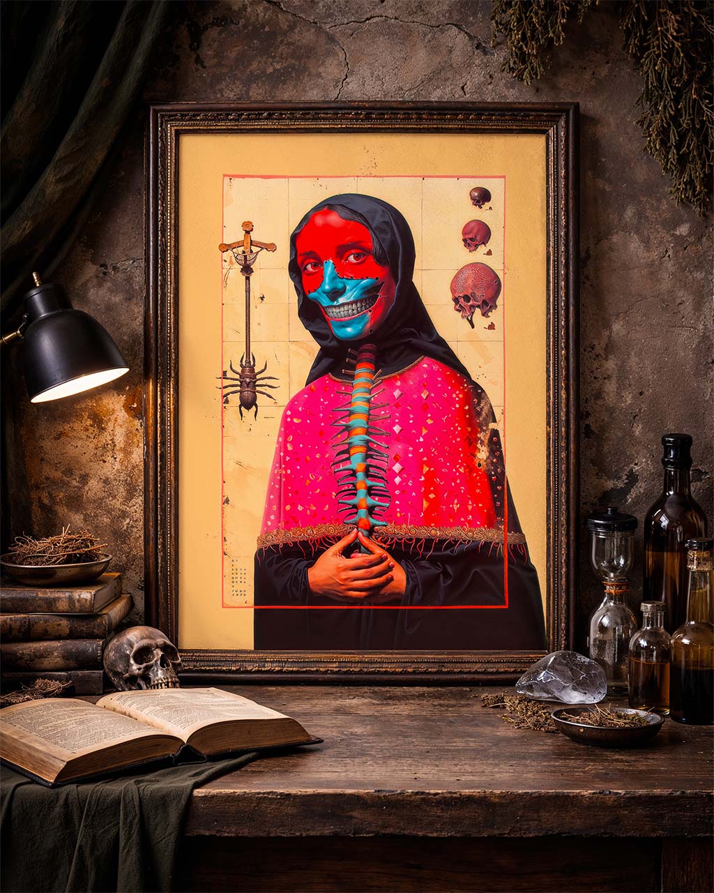 Framed surreal art poster on a dark rustic table with skulls, books and bottles.