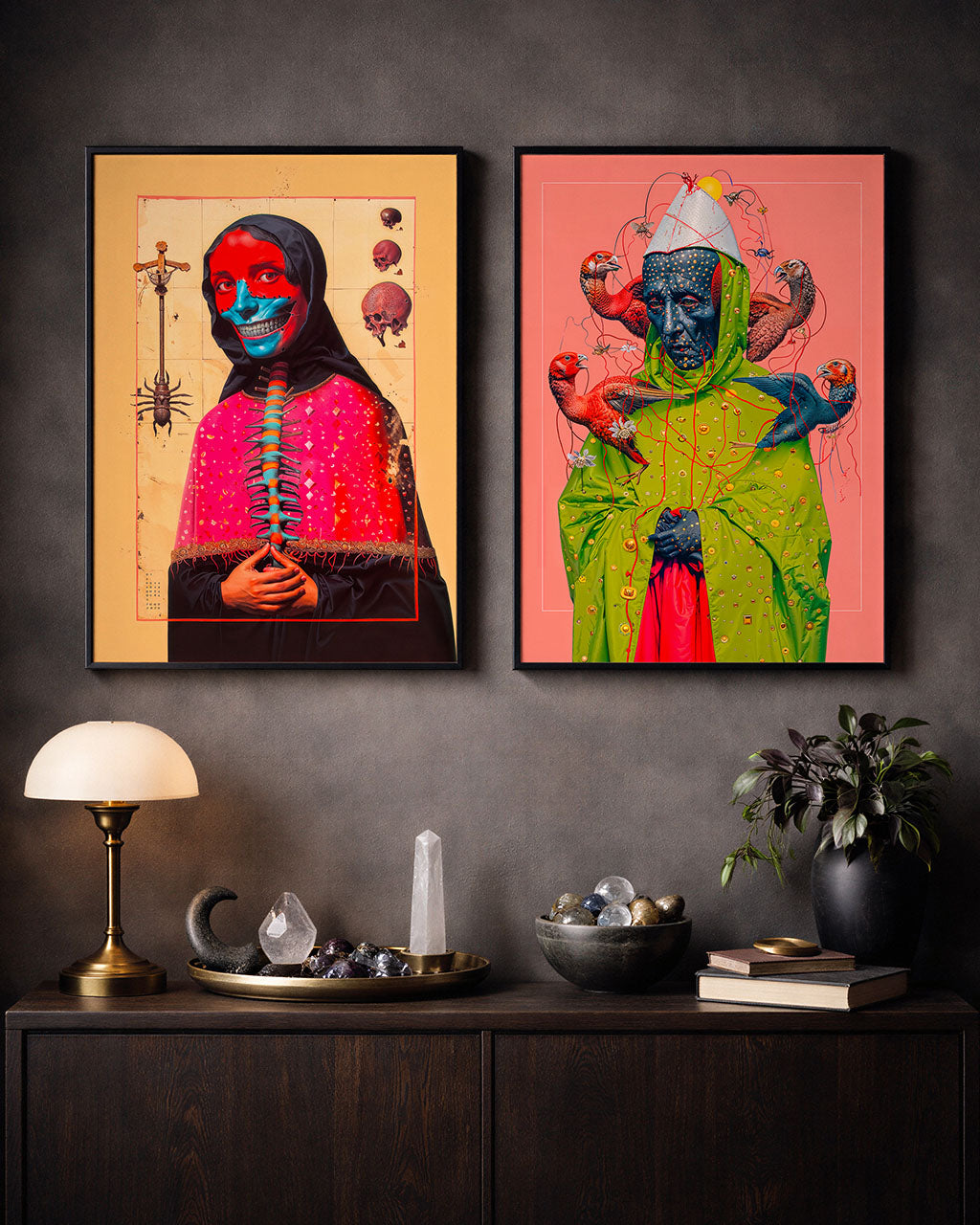 Two surreal art posters on the wall in a moody modern interior.