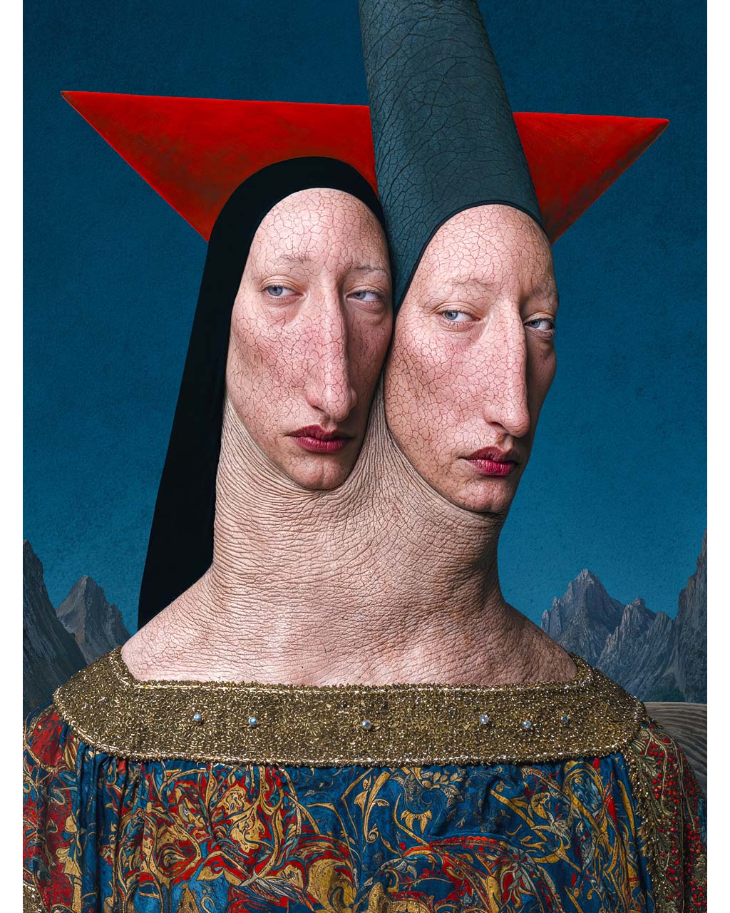 Surreal art print featuring two pale faces joined into one elongated body, dressed in ornate blue and gold clothing against a deep blue mountain landscape.