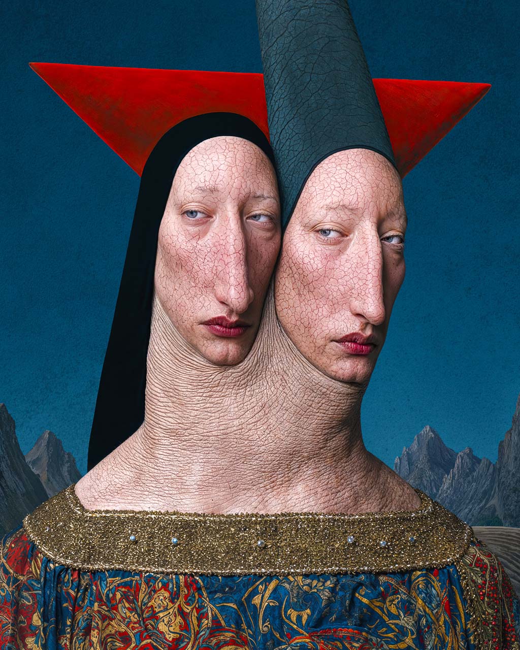 Surreal art print featuring two pale faces joined into one elongated body, dressed in ornate blue and gold clothing against a deep blue mountain landscape.