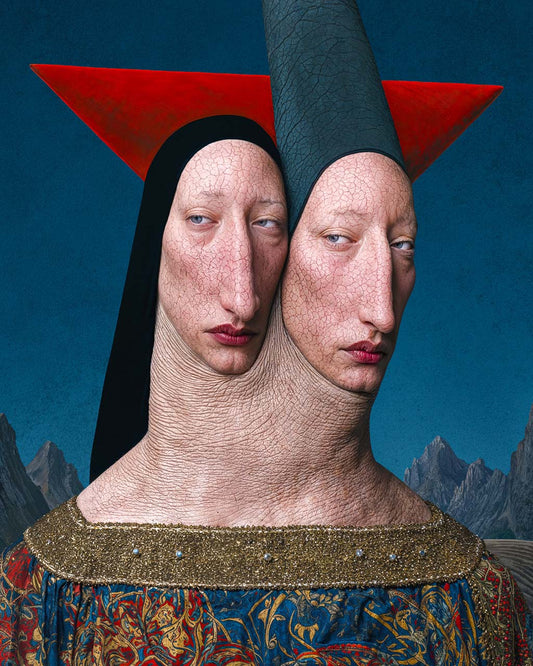 Surreal art print featuring two pale faces joined into one elongated body, dressed in ornate blue and gold clothing against a deep blue mountain landscape.
