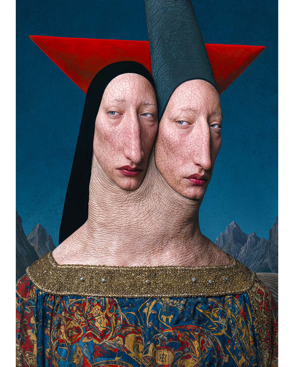 Surreal art print featuring two pale faces joined into one elongated body, dressed in ornate blue and gold clothing against a deep blue mountain landscape.