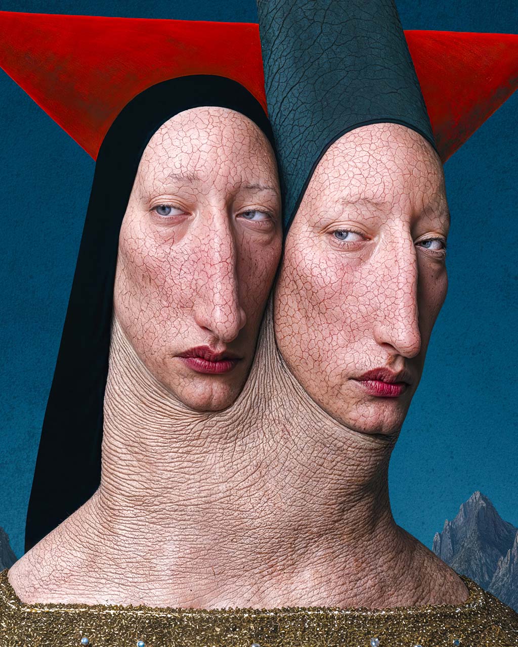 Close-up detail of The Joining art print, showing two joined faces, cracked skin textures and surreal black and red headwear against a blue background.