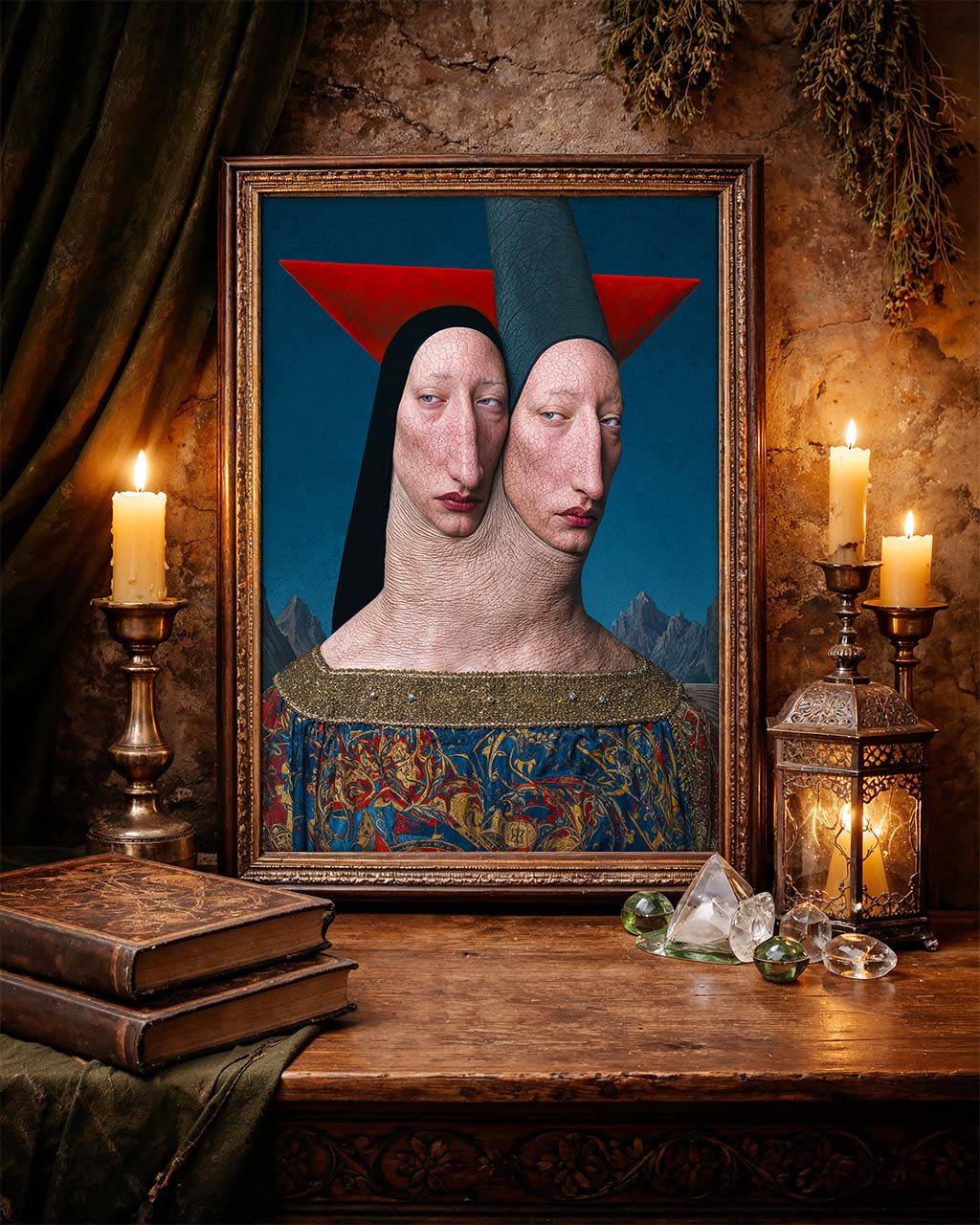 The Joining framed art print displayed in a dark atmospheric interior with candles, antique books and warm decorative objects.