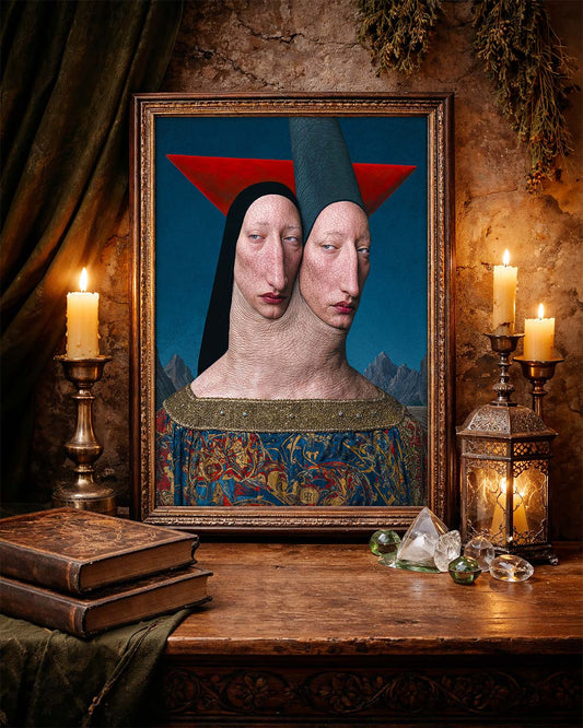 The Joining framed art print displayed in a dark atmospheric interior with candles, antique books and warm decorative objects.