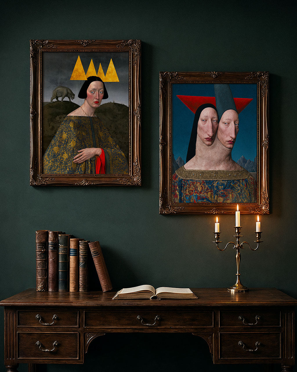 Two framed surreal art prints, The Fourth Crown and The Joining, hanging on the wall in a candle lit interior.