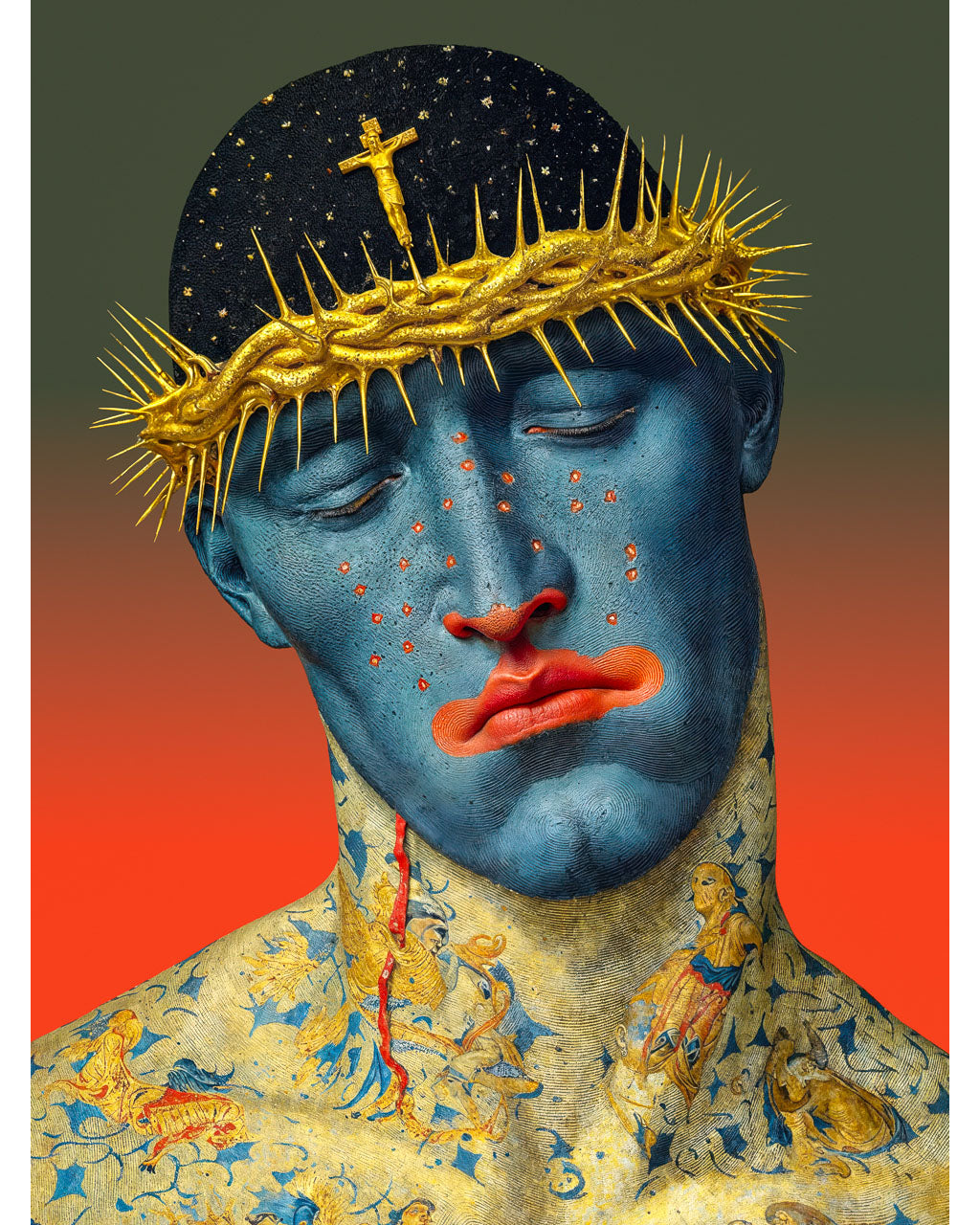 Surreal portrait of a blue-faced figure wearing a golden crown of thorns with a small crucifix against a red background.