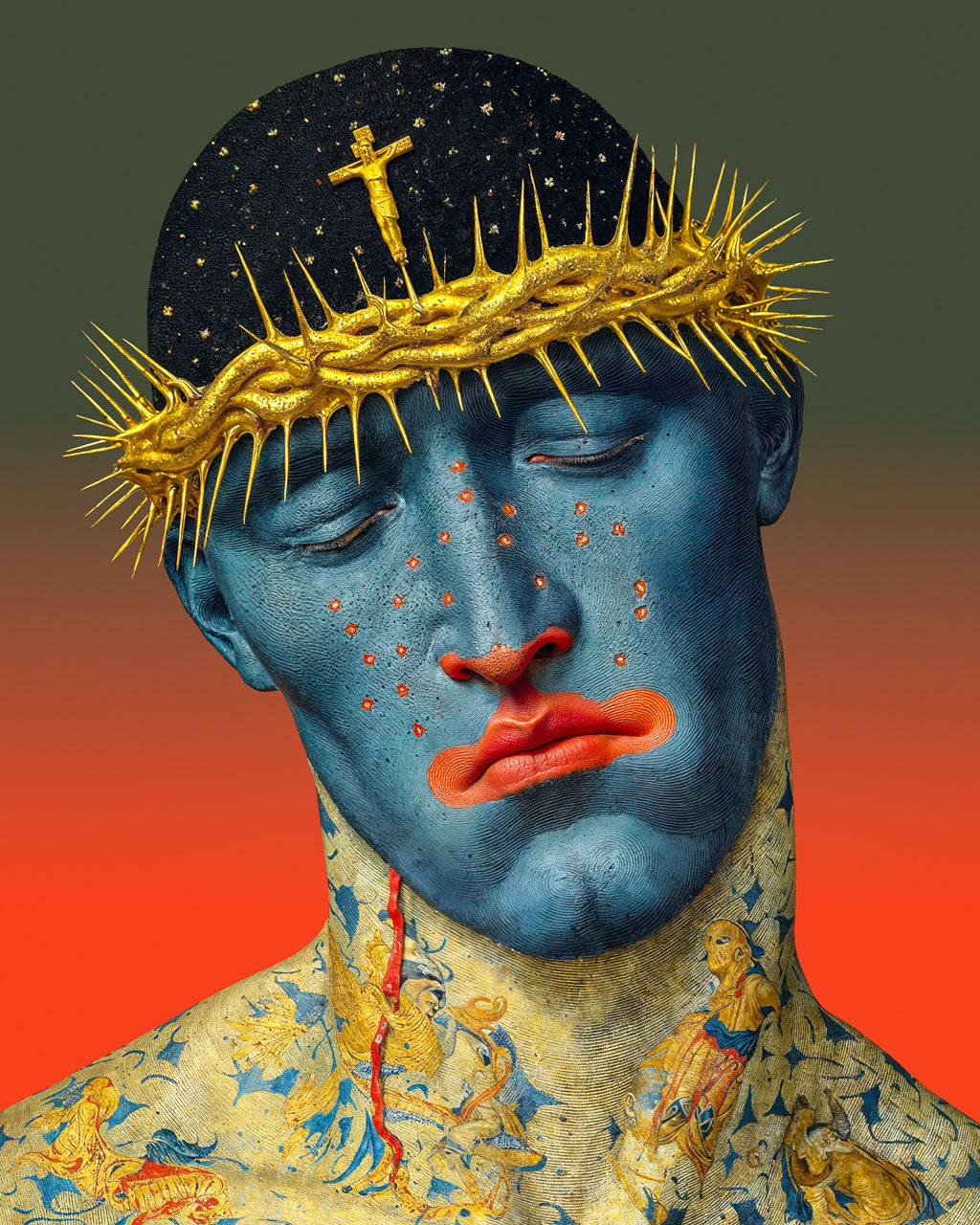 Surreal portrait of a blue-faced figure wearing a golden crown of thorns with a small crucifix against a red background.
