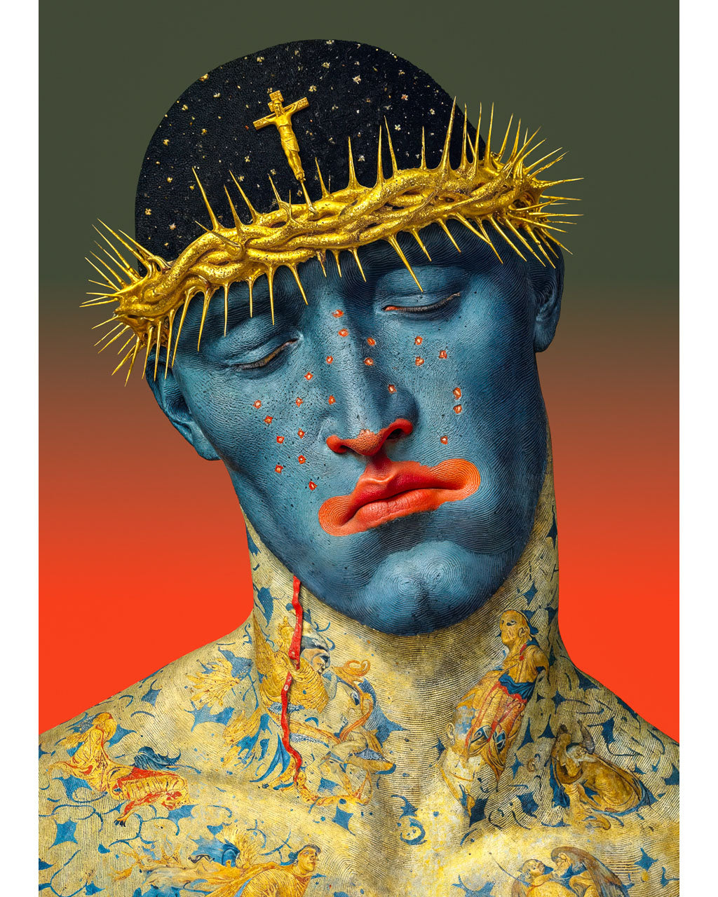 Surreal portrait of a blue-faced figure wearing a golden crown of thorns with a small crucifix against a red background.