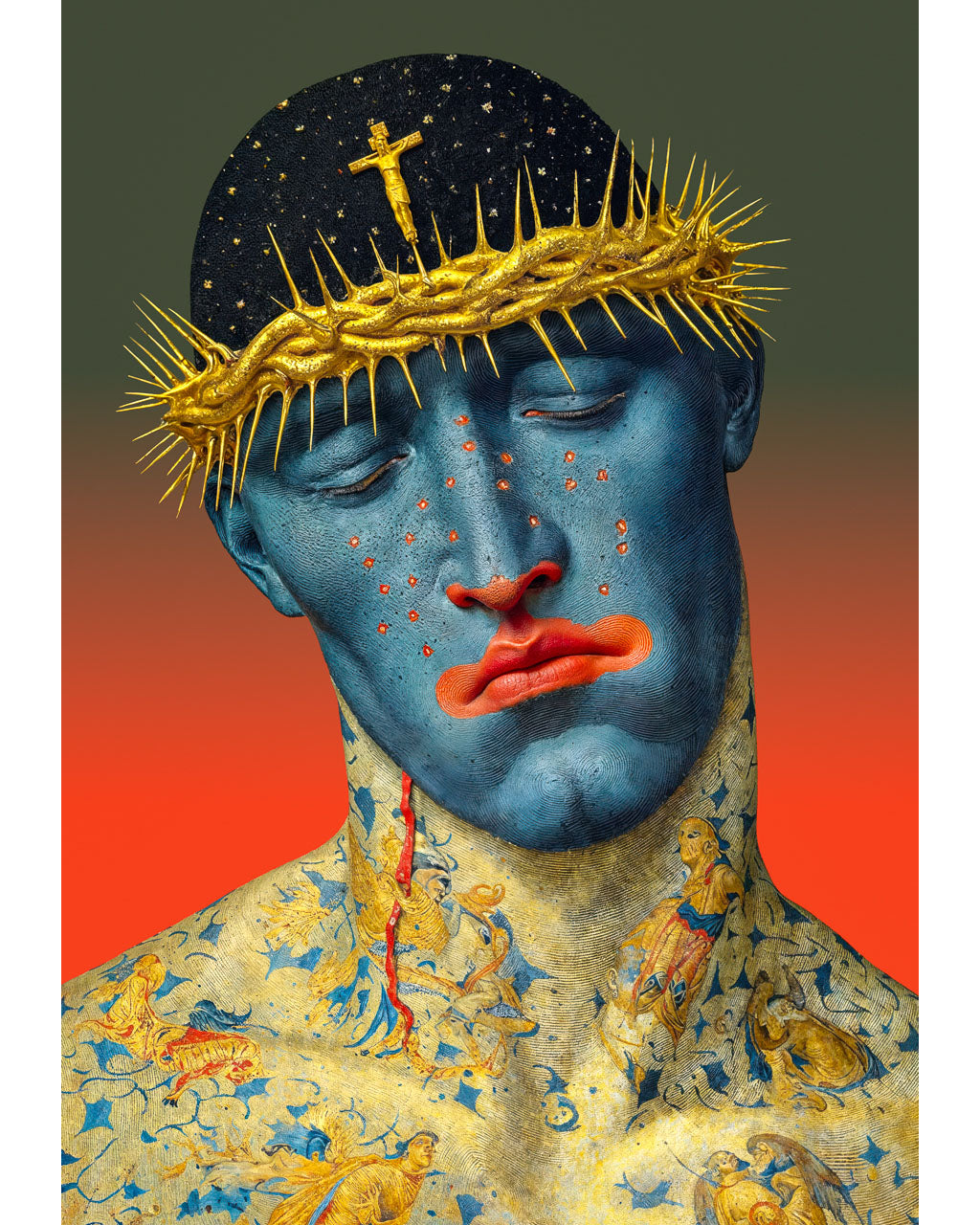Surreal portrait of a blue-faced figure wearing a golden crown of thorns with a small crucifix against a red background.