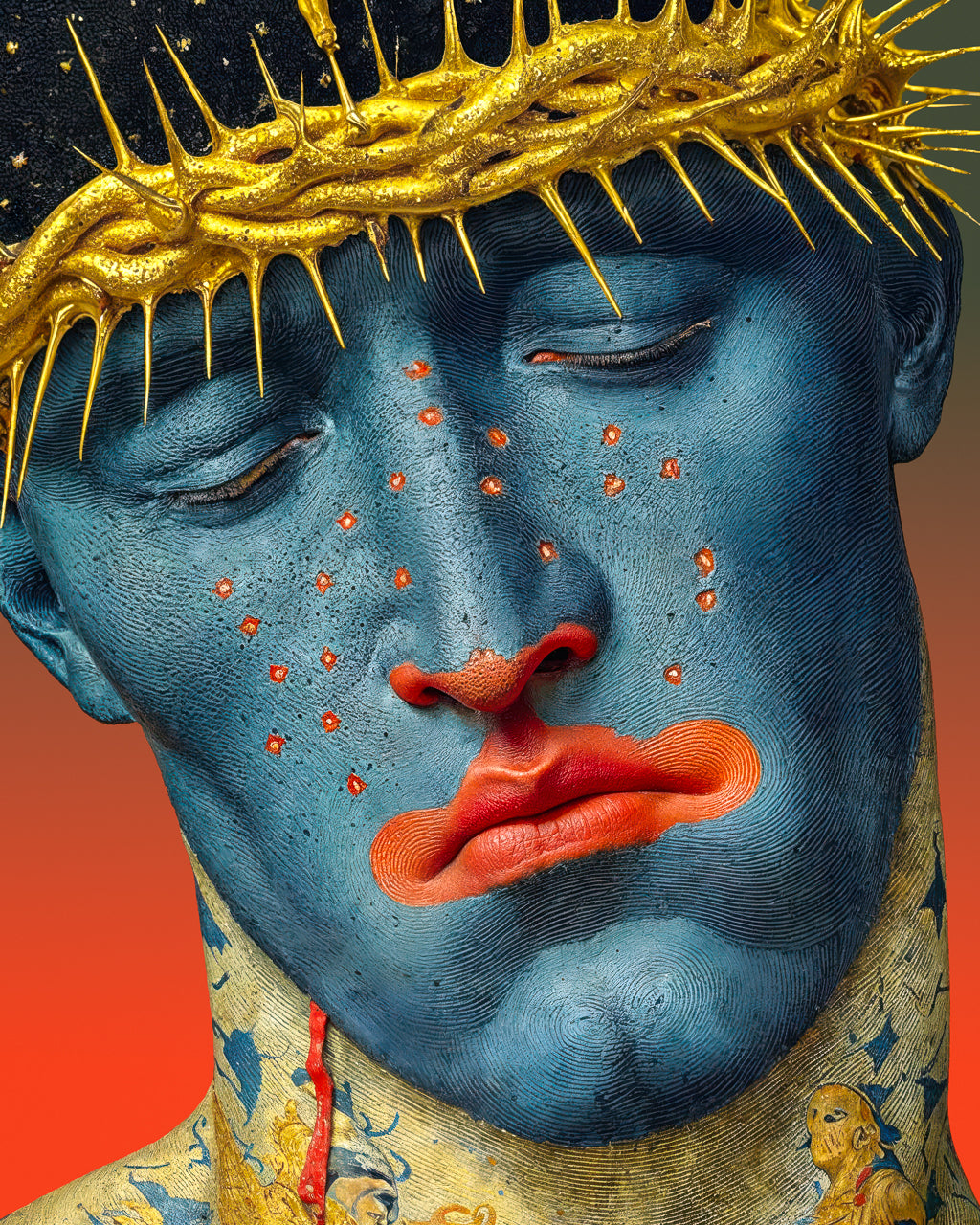 Close-up of a blue-faced figure wearing a golden crown of thorns and crucifix, with intricate details.