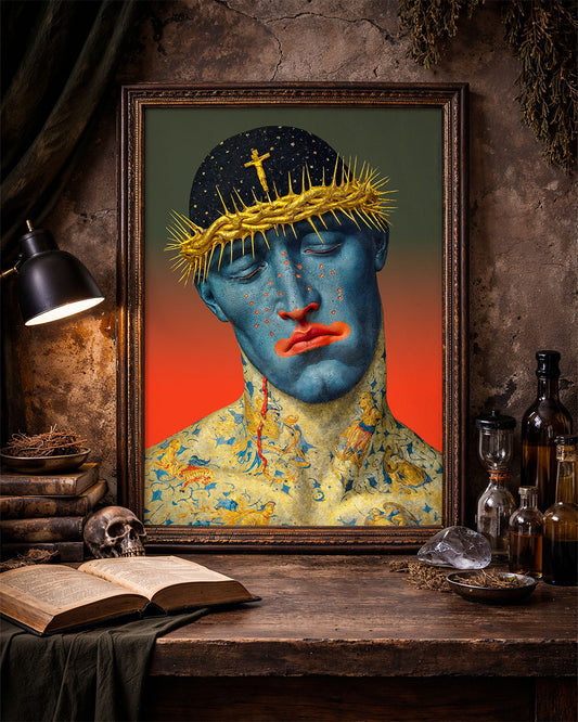 The Martyr surreal art poster displayed in a dark interior setting with vintage objects.