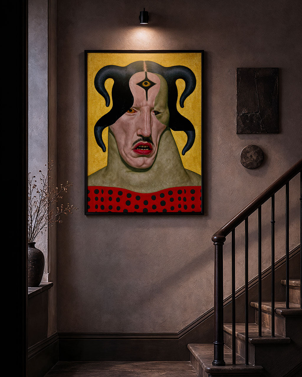 Framed surreal art print hanging on the wall at the foot of a staircase in a moody interior.