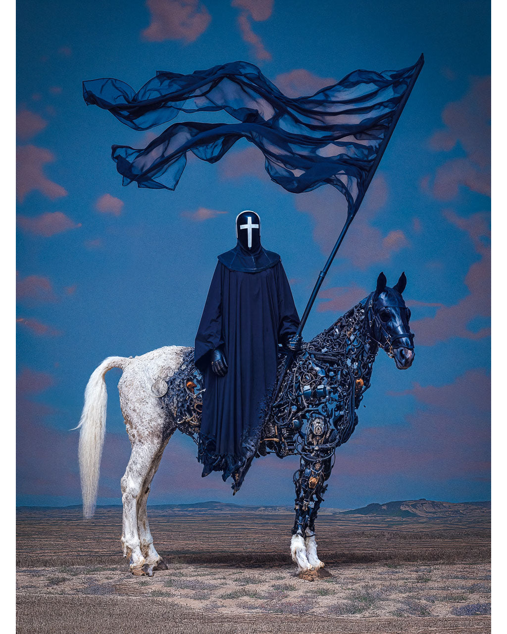 Surreal poster of a masked rider in black robes on a half-mechanical horse holding a dark flag