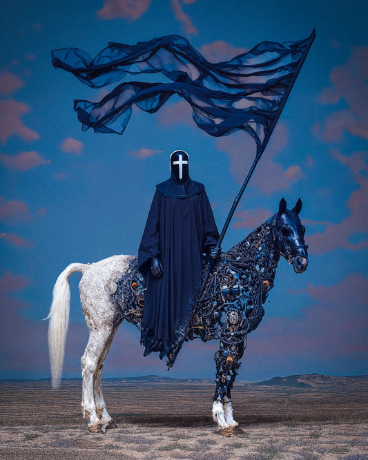 Surreal poster of a masked rider in black robes on a half-mechanical horse holding a dark flag