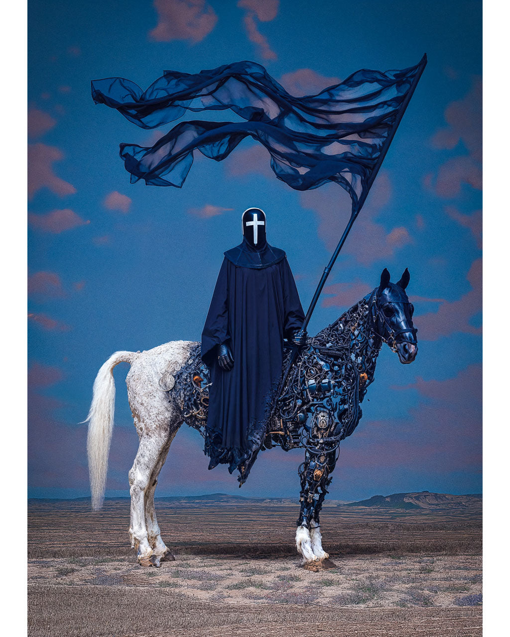 Surreal poster of a masked rider in black robes on a half-mechanical horse holding a dark flag