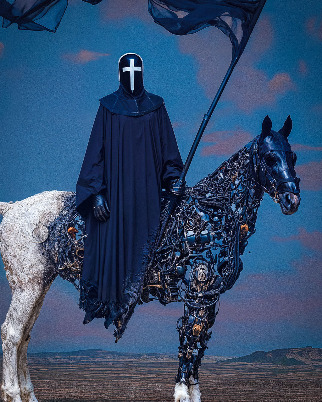 Close-up of a masked rider on a half-mechanical horse with a flowing dark flag