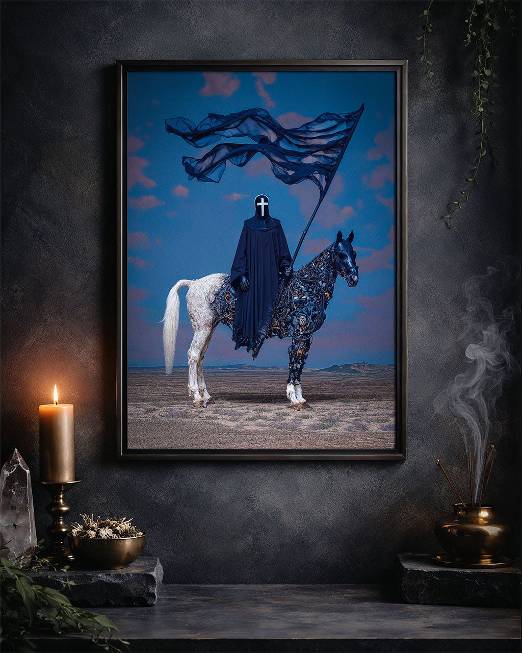 The Pale Procession I surreal art poster in a black frame on a dark moody wall with candle and incense
