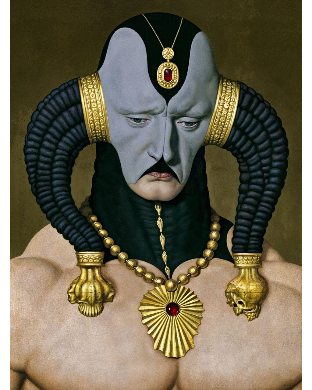 The Regent – surreal art print featuring a pale ceremonial figure with black horn-like forms, gold jewellery and red gemstone details.