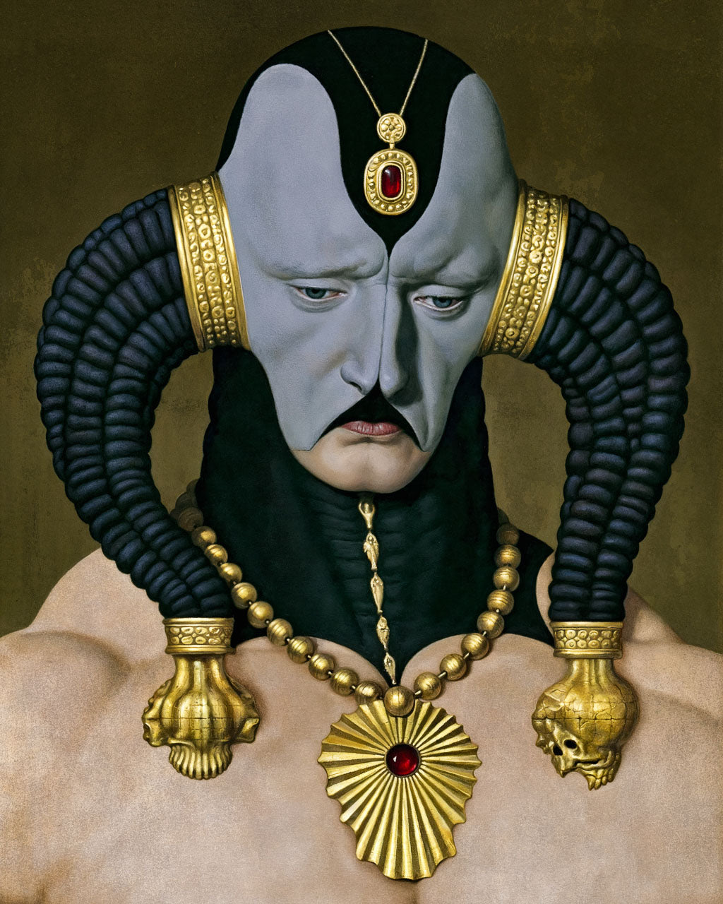 The Regent – surreal art print featuring a pale ceremonial figure with black horn-like forms, gold jewellery and red gemstone details.