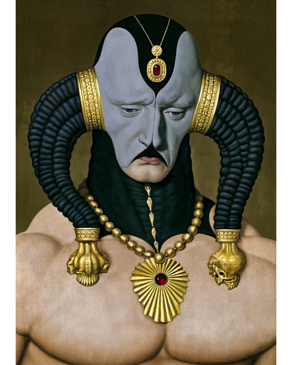 The Regent – surreal art print featuring a pale ceremonial figure with black horn-like forms, gold jewellery and red gemstone details.