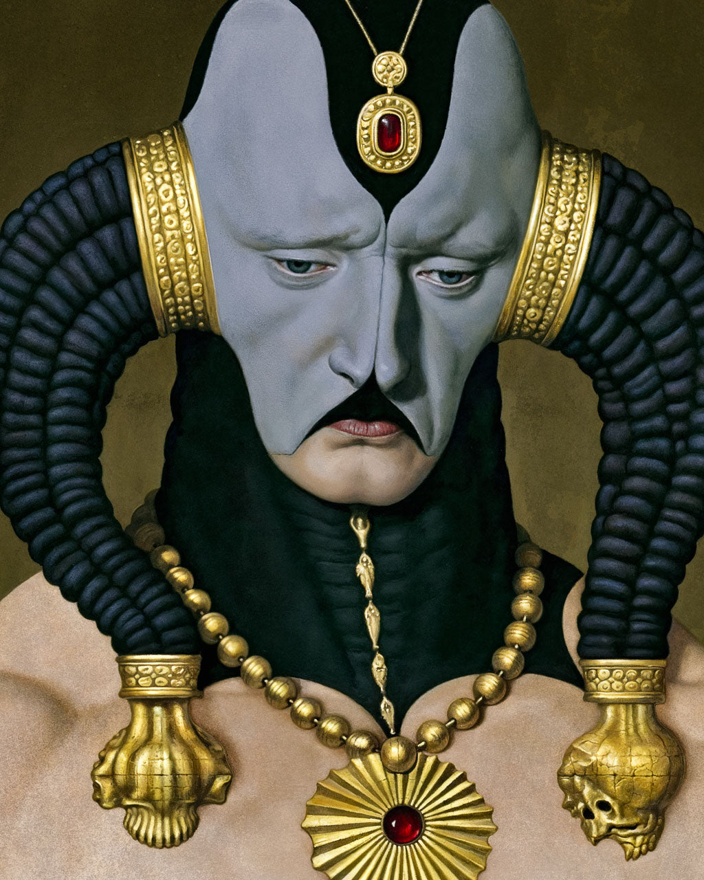 Close-up of The Regent art print showing the pale face, black sculptural forms and ornate gold details.