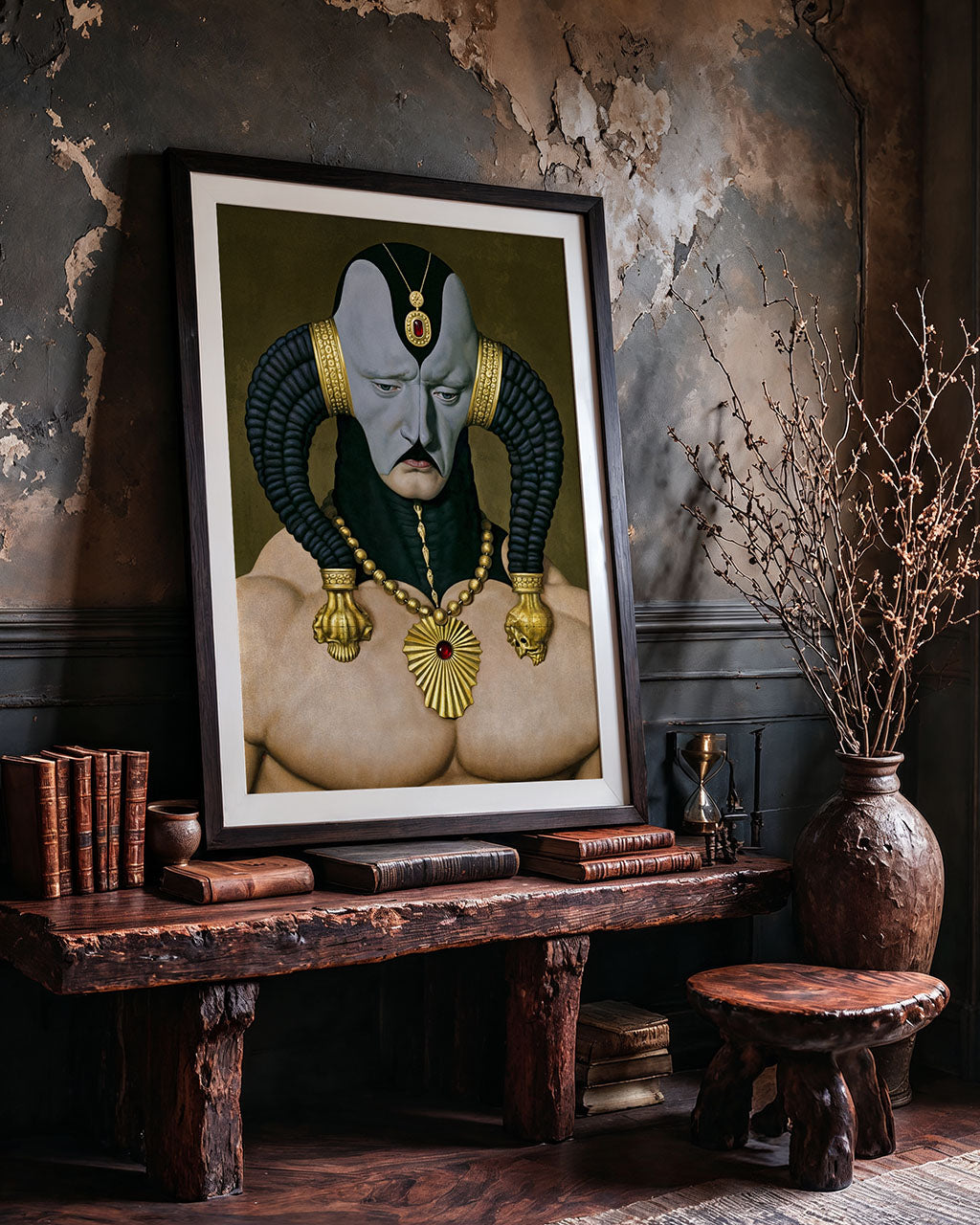 The Regent framed art print displayed in a dark, rustic interior with weathered walls and wooden furniture.