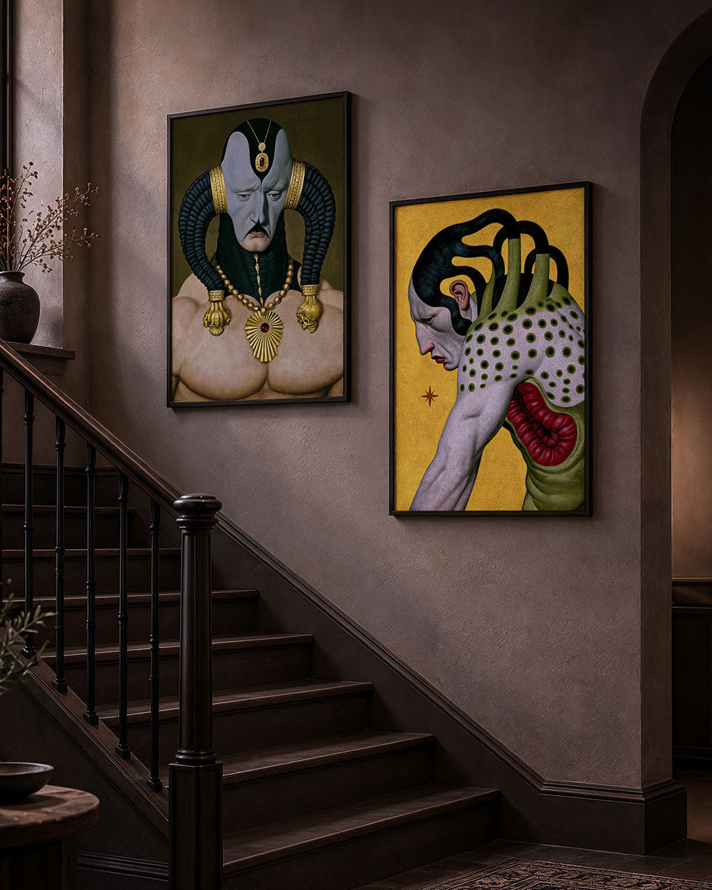 The Regent and The Wounded Form surreal art prints displayed together in a dark staircase interior.
