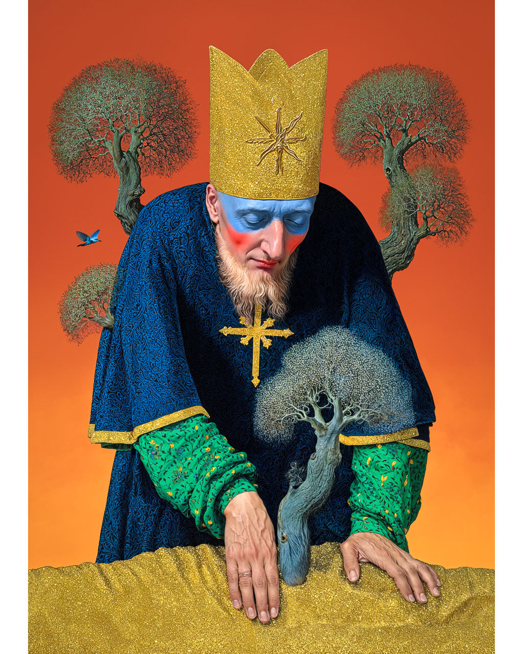 Surreal portrait of a crowned figure with blue and red face paint, wearing a dark robe and gold cross, leaning over a small tree against an orange background.