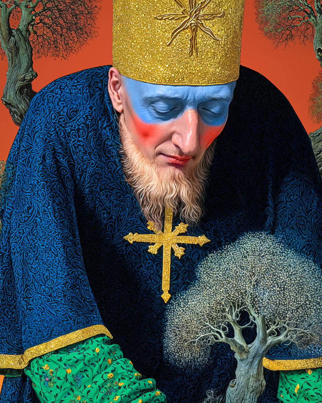 Close-up of the crowned figure’s painted face and gold cross, with intricate details in the robe and small tree.