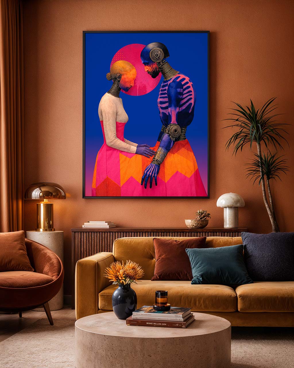 Living room with a colorful abstract painting on the wall, brown sofa, and decorative items.