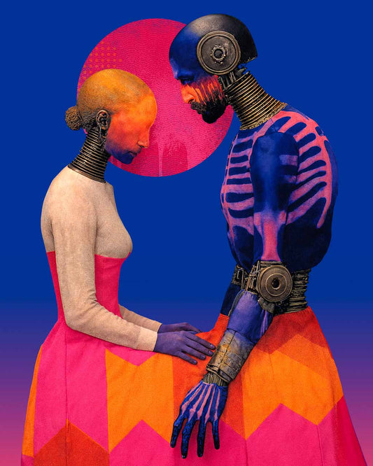Surreal portrait of two hybrid figures facing each other, expressing emotional dependence and loss of self, with intricate details.
