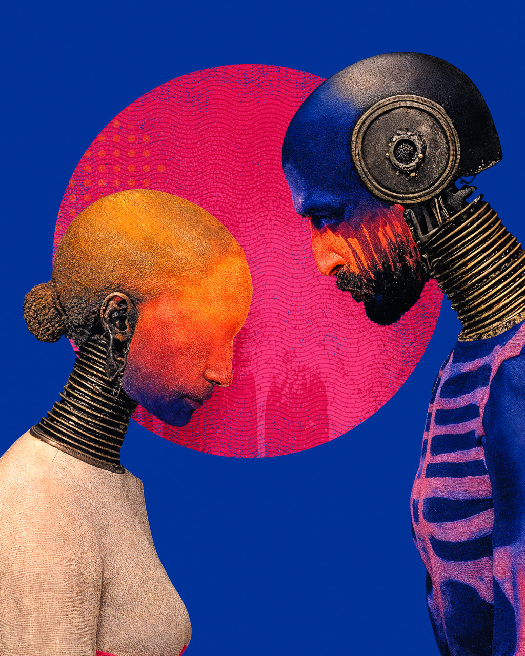 Surreal portrait of two hybrid figures facing each other, expressing emotional dependence and loss of self, with intricate details.