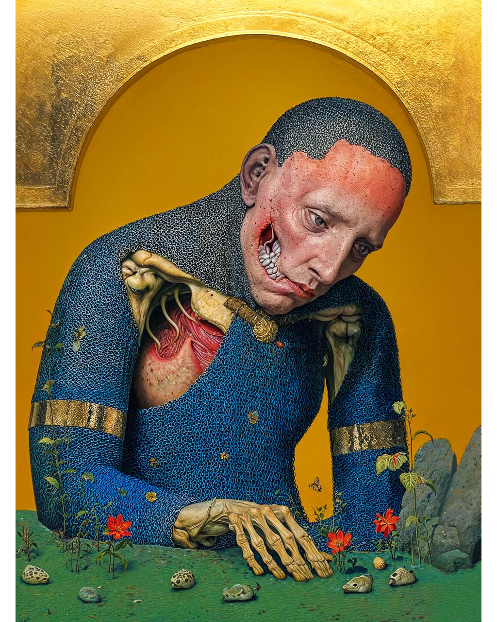 Surreal portrait of a tormented figure in blue chainmail with exposed flesh beneath the armour against a golden background, with intricate details.