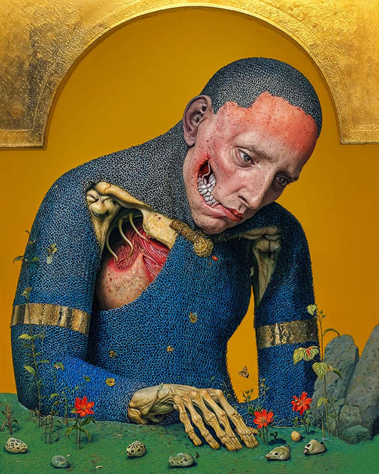 Surreal portrait of a tormented figure in blue chainmail with exposed flesh beneath the armour against a golden background, with intricate details.