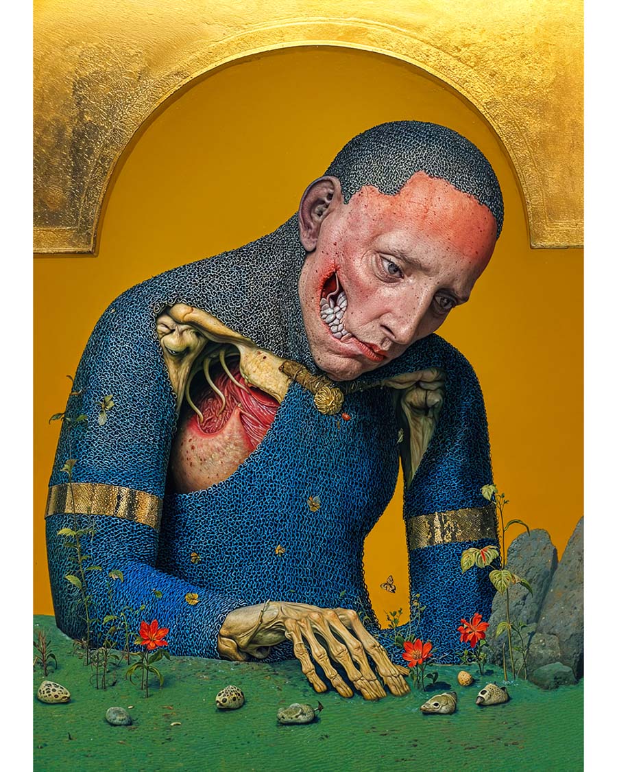 Surreal portrait of a tormented figure in blue chainmail with exposed flesh beneath the armour against a golden background, with intricate details.