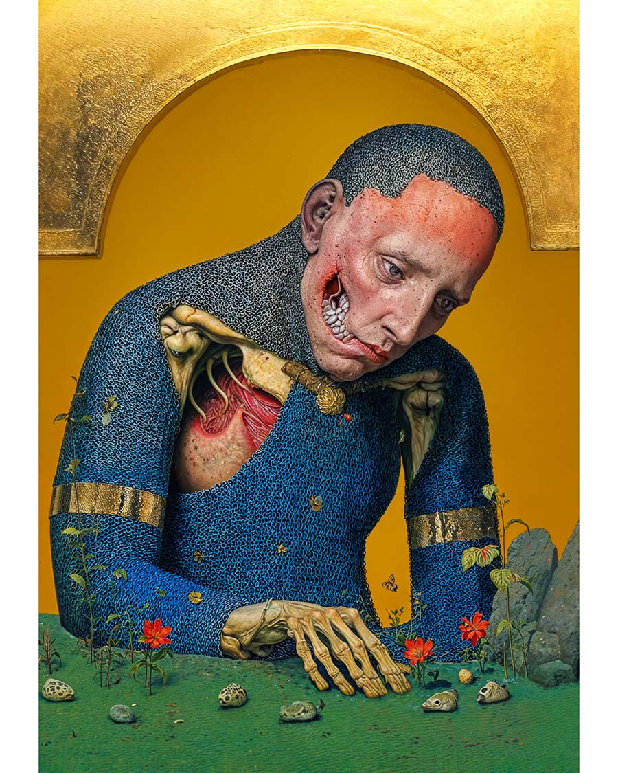 Surreal portrait of a tormented figure in blue chainmail with exposed flesh beneath the armour against a golden background, with intricate details.
