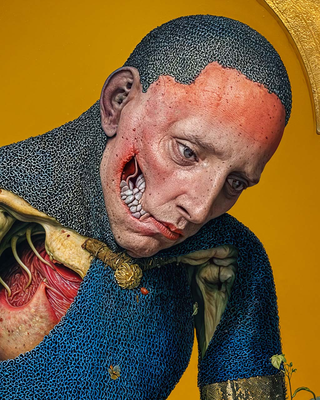 Close-up of a tormented figure in blue chainmail revealing exposed flesh and bone beneath the armour, with intricate details.
