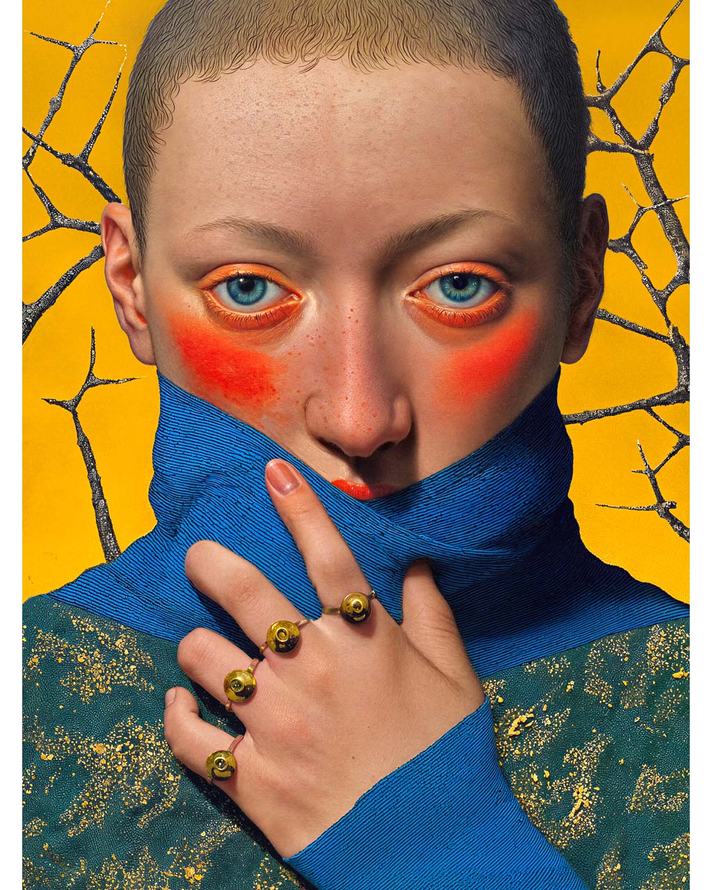 Surreal portrait of a blue-eyed figure with red cheeks, mouth covered by blue fabric, wearing rings with eye motifs against a yellow background with dark branches.