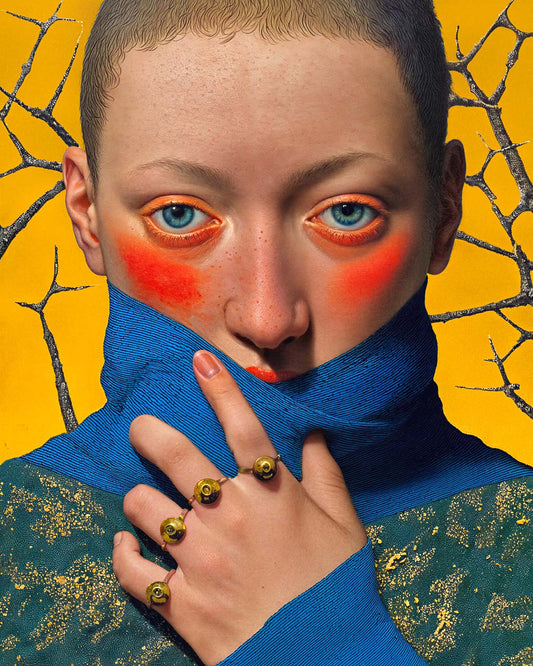 Surreal portrait of a blue-eyed figure with red cheeks, mouth covered by blue fabric, wearing rings with eye motifs against a yellow background with dark branches.