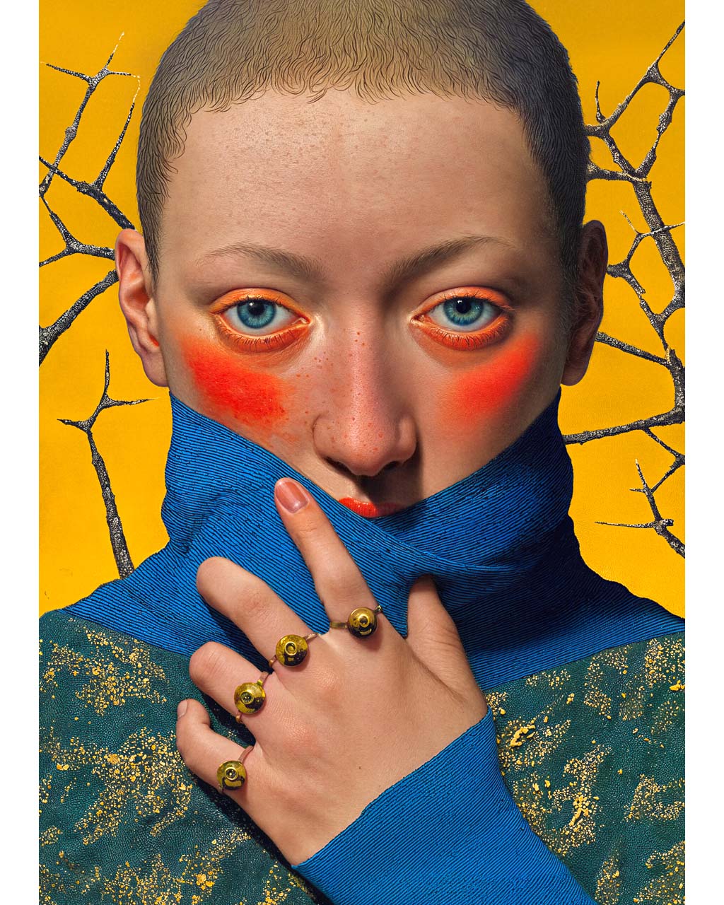 Surreal portrait of a blue-eyed figure with red cheeks, mouth covered by blue fabric, wearing rings with eye motifs against a yellow background with dark branches.