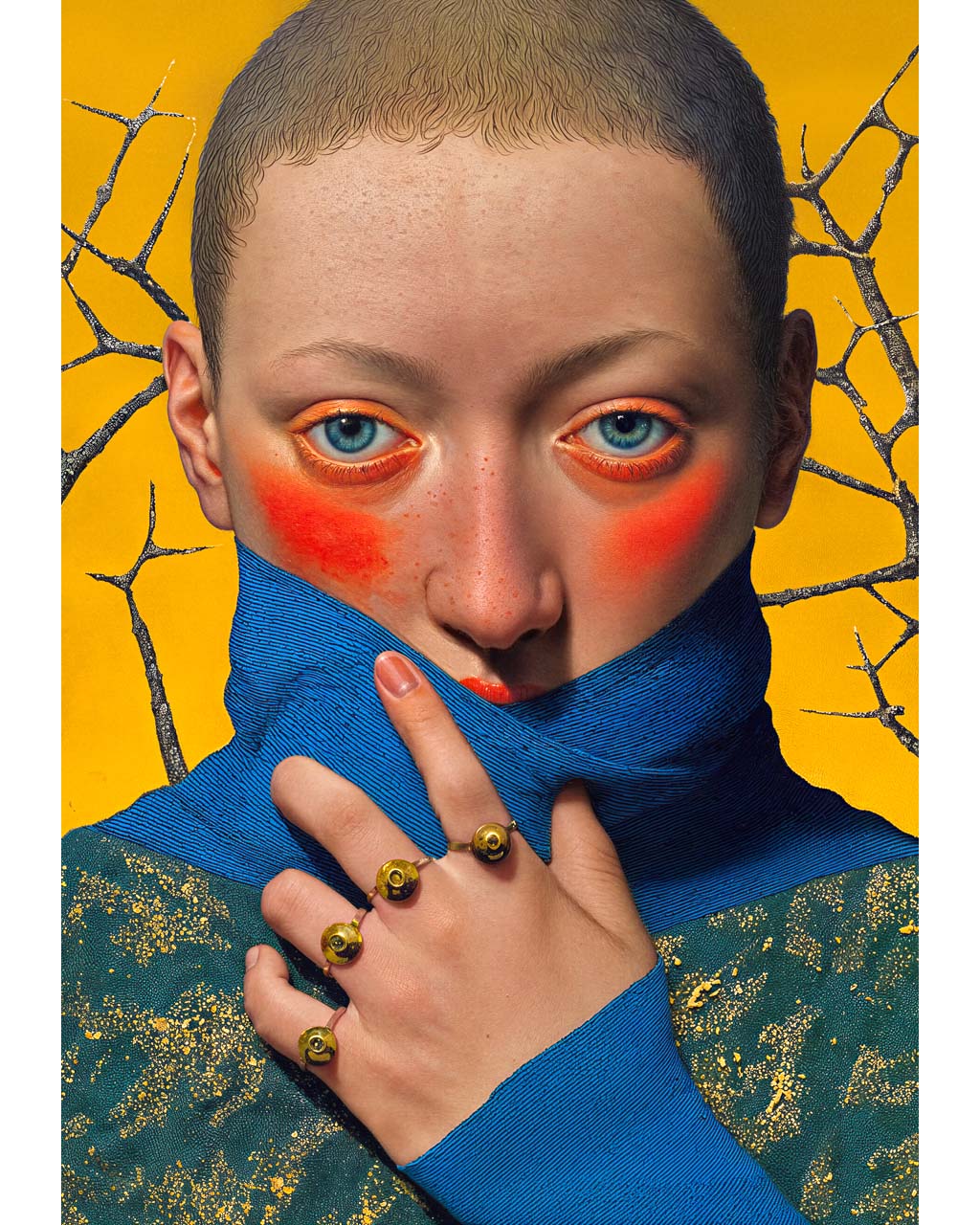 Surreal portrait of a blue-eyed figure with red cheeks, mouth covered by blue fabric, wearing rings with eye motifs against a yellow background with dark branches.