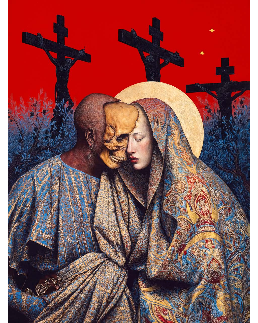 Surreal art poster of two intertwined figures beneath crucifixes against a vivid red sky