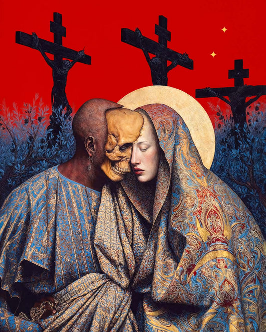 Surreal art poster of two intertwined figures beneath crucifixes against a vivid red sky