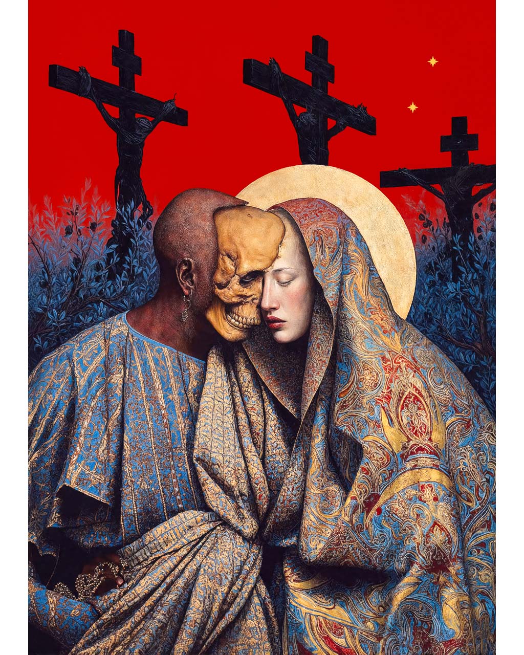 Surreal art poster of two intertwined figures beneath crucifixes against a vivid red sky