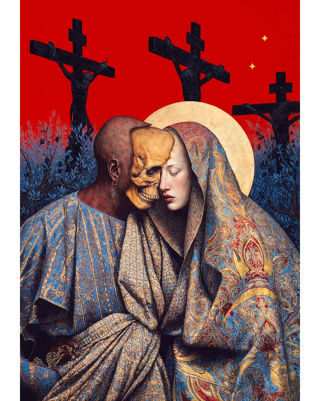 Surreal art poster of two intertwined figures beneath crucifixes against a vivid red sky
