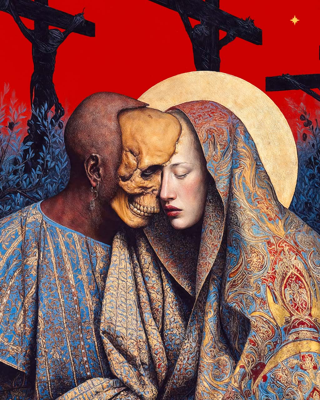 Close up of a surreal art poster of two intertwined figures beneath crucifixes against a vivid red sky